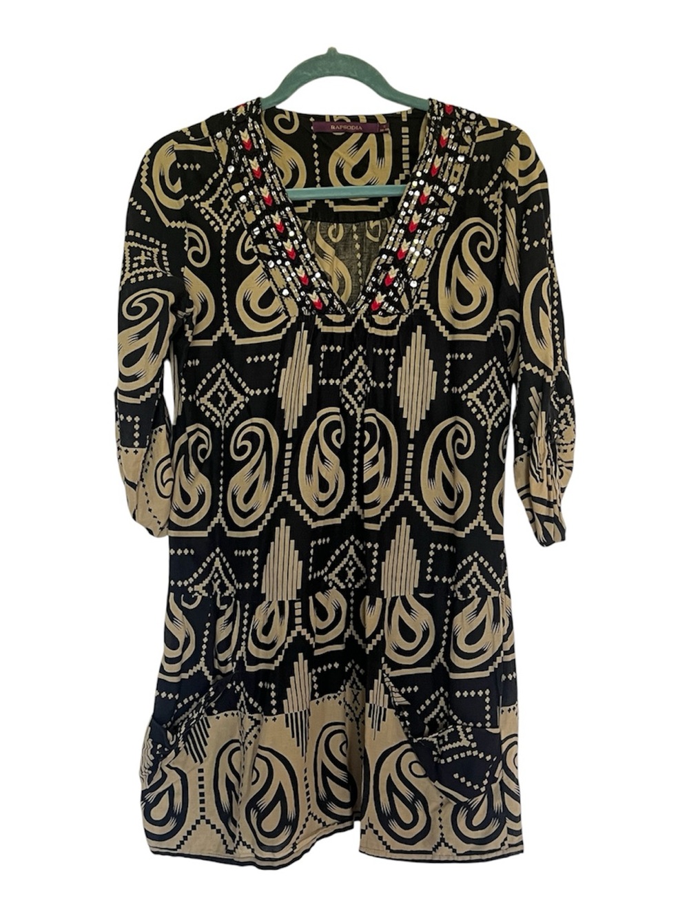 Rapsodia Beaded V-Neck Mini Dress in Black and Tan